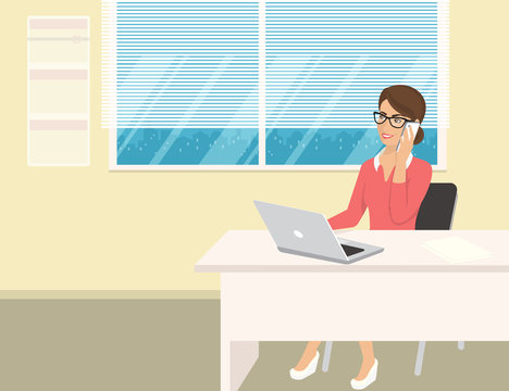 Business woman wearing rose shirt sitting in the office and talking by cellphone. Flat illustration of business people at work desk