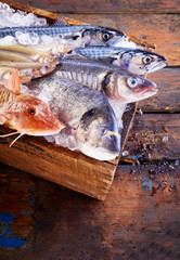 Wooden box of ice filled with assorted fresh fish