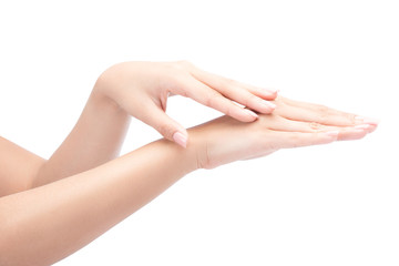 Beautiful women hands isolate, applying cream, massaging isolate