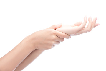 Acute pain in a woman palm, a woman massaging her painful hand isolated with clipping path