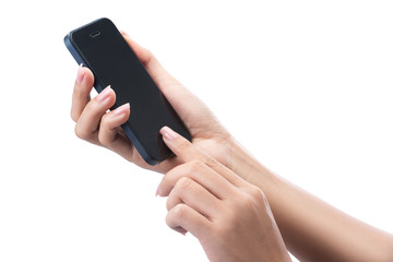 Close Up shot of a woman typing on mobile smart phone isolated with clipping path