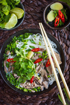 Traditional Vietnamese  soup Pho with beef and rice noodle