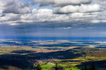 Panoramic overview to Alsace from abbey Mont Saint Odile. Spring
