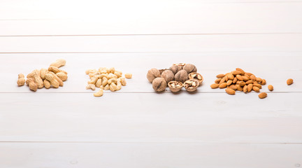 Types of nuts: walnuts, almonds, cashews, peanuts