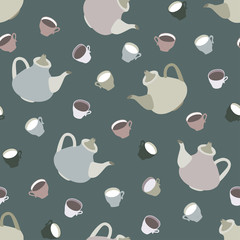 Seamless pattern of cups and kettles.