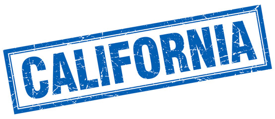 California blue square grunge stamp on white