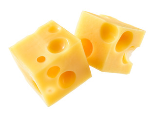 Cubes of cheese isolated on a white background. With clipping pa