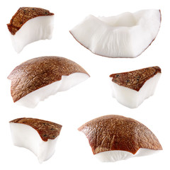 Coconut. Pieces isolated on a white background - obrazy, fototapety, plakaty