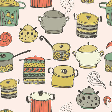 Cute cooking pots and lettering. Seamless vector pattern. Trendy background for scrapbook paper, textile, web and packaging.