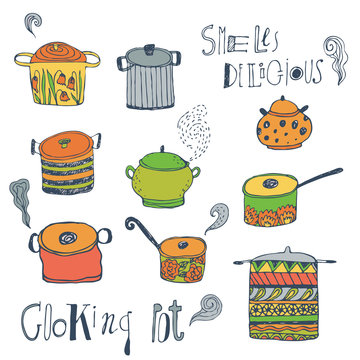 Cute cooking pots and lettering. Outline vector set. Trendy background for scrapbook paper, textile, web and packaging.