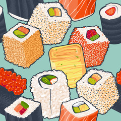 Fototapety  Zbliżenie rolki sushi. Tradycyjne japońskie jedzenie. Wzór