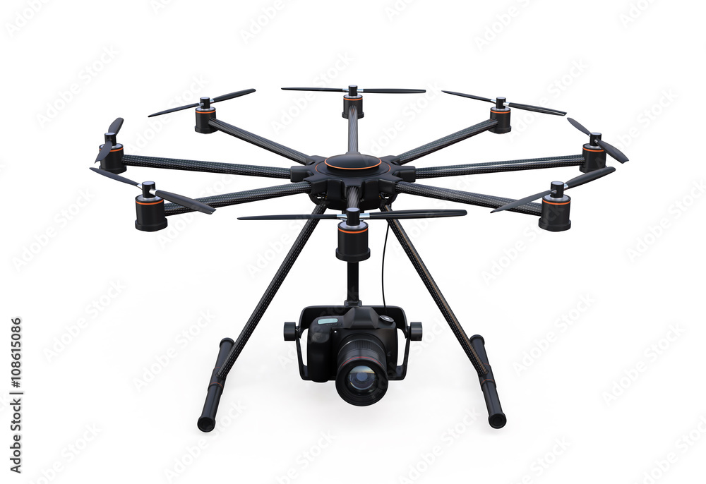 Poster front view of octocopter with dslr camera isolated on white background. 3d rendering image with clip