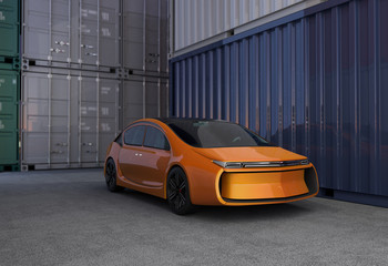 Fototapeta na wymiar Orange car in cargo containers area. 3D rendering image.