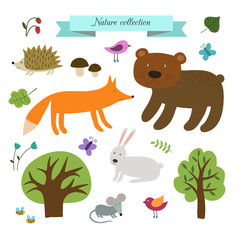 Naklejka premium Vector set of cute wild animals in the forest.