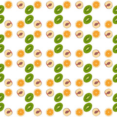 Pattern wallpaper kiwi, orange, peach. Fruit vector.