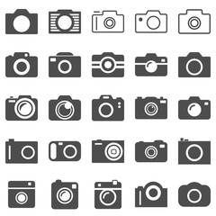 Photography camera icon collection in 25 different icons. Set of vintage and modern, digital and analogue camera illustrations.