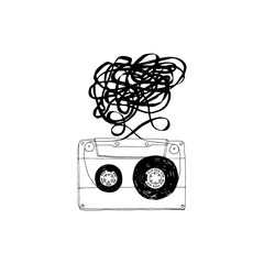 Audio cassette with tangled tape.Vector.