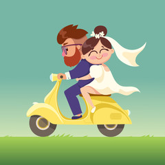 The newlyweds go on a moped.Happy married couple.Vector modern flat character Valentine's day design item man and woman couple riding scooter together.Romantic happy young lovers couple dating. © kate_kalita