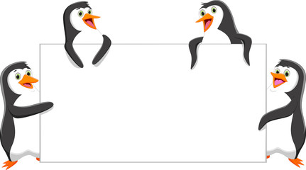 Obraz premium funny penguin cartoon with a blank sign