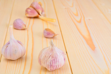 Garlic Head Isolated on Wood Background.