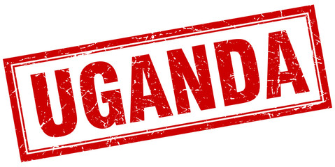 Uganda red square grunge stamp on white