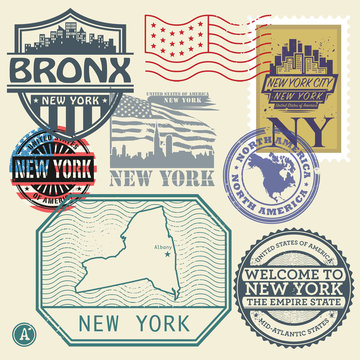 Stamp set with the name and map of New York, United States