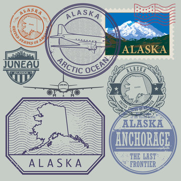 Stamp set with the name and map of Alaska, United States