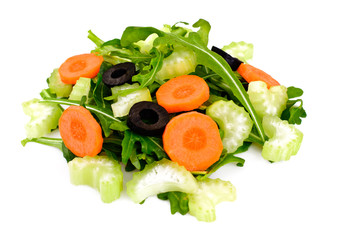 Arugula, Carrot, Olive and Celery Isolated on White Background