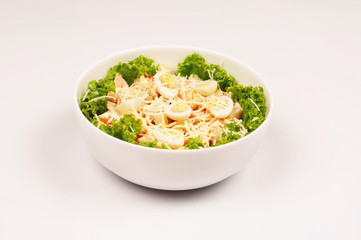 Fresh salad with chicken breast, cheese and eggs