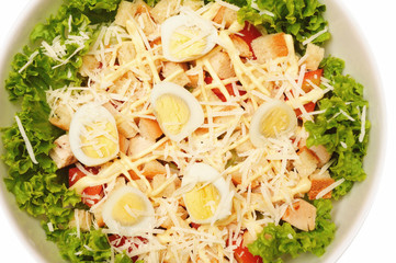 Fresh salad with chicken breast, cheese and eggs