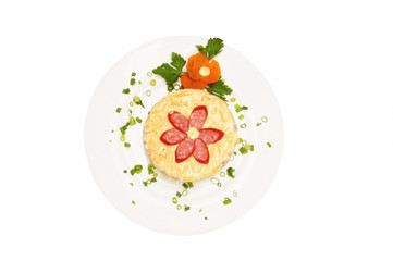 Fresh salad with mayonnaise, sausage,  potatoes, pepper