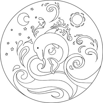 Coloring dolphin jumping out of the water with moon and sun. Vector animal mandala.