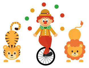 cartoon tiger and clown with bike and lion