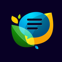 Speech bubble with green leaf logo.