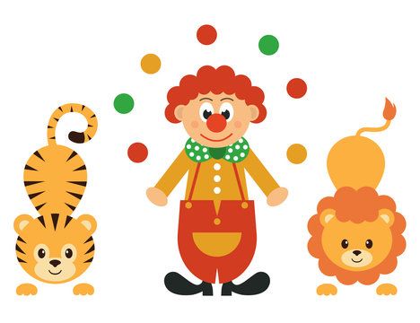 cartoon tiger and clown with balls and lion