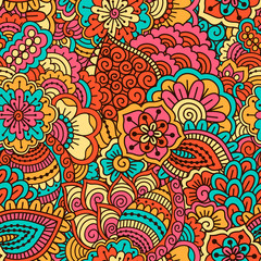 Hand drawn seamless pattern with floral elements. Colorful ethnic background. Pattern can be used for fabric, wallpaper or wrapping