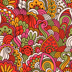 Fototapeta premium Hand drawn seamless pattern with floral elements. Colorful ethnic background. Pattern can be used for fabric, wallpaper or wrapping