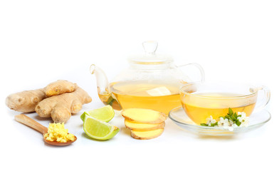 Tea Ginger cup kettle isolated white background
