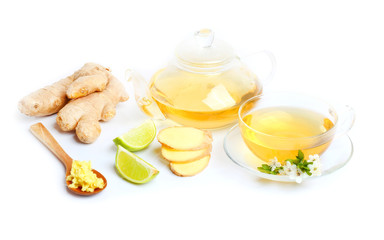 Tea Ginger cup kettle isolated white background
