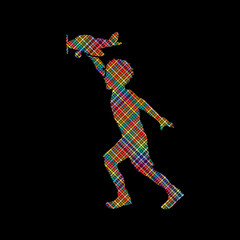 Fototapeta na wymiar Boy running with plane toy designed using colorful pixels graphic vector.