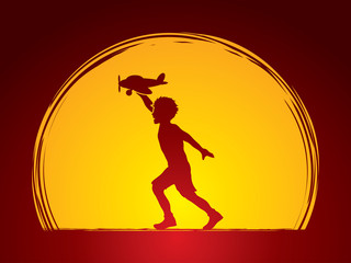 Fototapeta na wymiar Boy running with plane toy designed on moonlight background graphic vector.