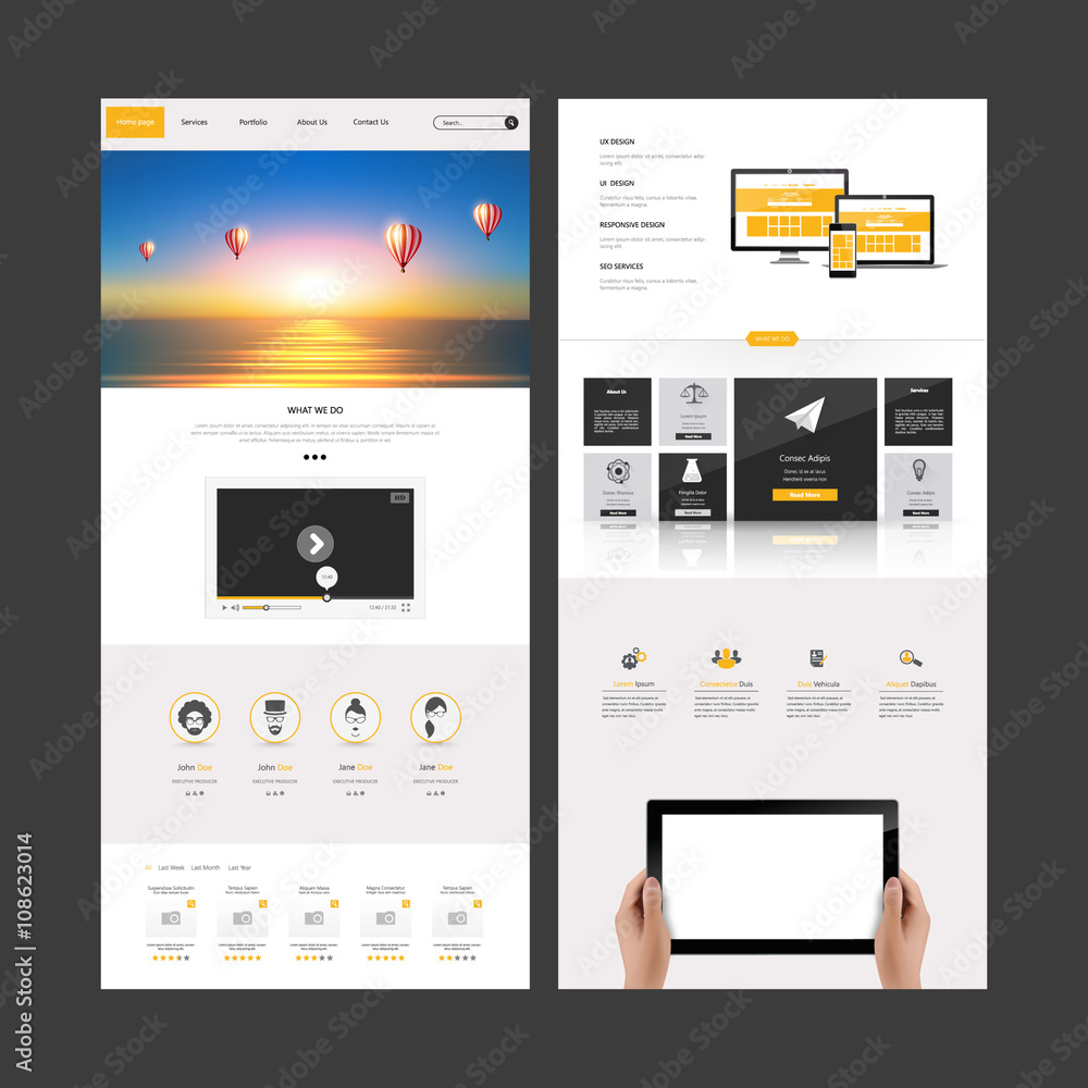 Poster one page website template with header designs with blurred backgrounds