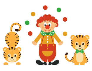 cartoon tiger and clown with balls set