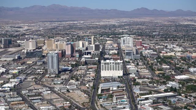 LAS VEGAS - Circa April, 2016 - A high angle establishing shot of downtown Las Vegas.  	