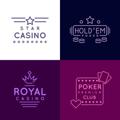 Fototapeta na wymiar Gambling emblems of Poker club and casino. Vector icons set in line style