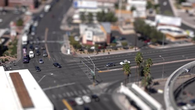 A high angle tilt shift of a Las Vegas intersection.  	