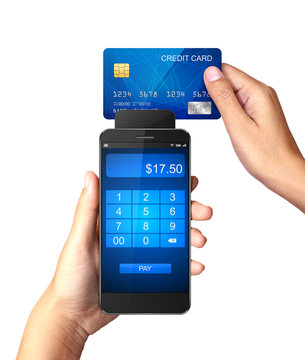 Mobile Payment Concept, Hand Holding Smartphone With Processing Of Mobile Payments From Credit Card 