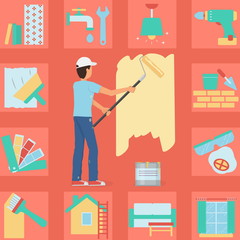 Illustration of a worker man painting a wall with a roller and paint bucket. Bonus: house repair and decoration icon set. Flat minimalistic style.
