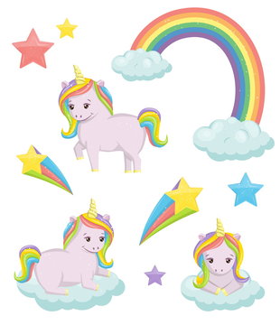 A set of cute magic unicorn fairy tale illustrations. Holiday and event decorations, design elements. Rainbow, clouds, stars.