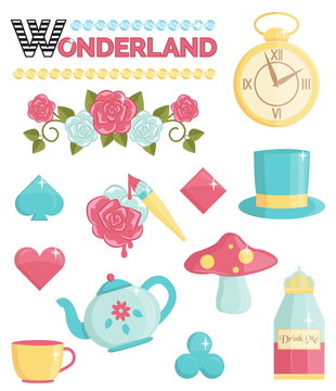 Cute wonderland magic dream illustrations set. Holiday and event decorations, design elements. Roses, potion, cards and other elements